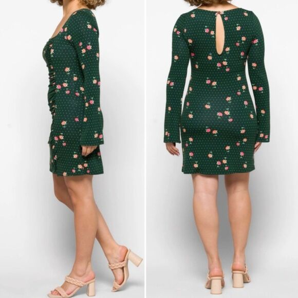NWT Free People Celia Floral Square Neck Mini Dress Green Women’s Size Small New - Picture 4 of 15
